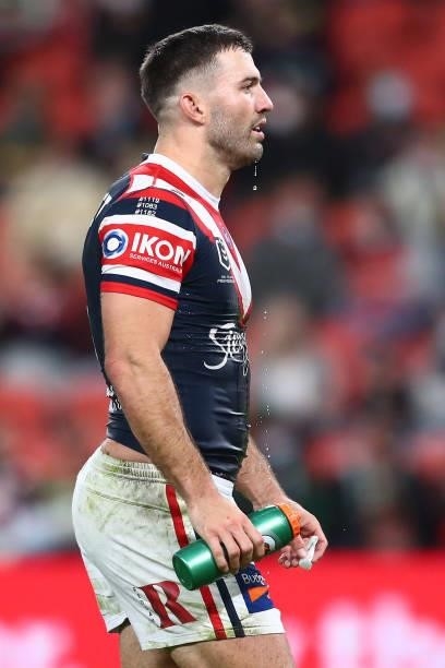 James Tedesco of the Roosters takes a drink during the round 24 NRL match between the Sydney Roosters and the South Sydney Rabbitohs at Suncorp...