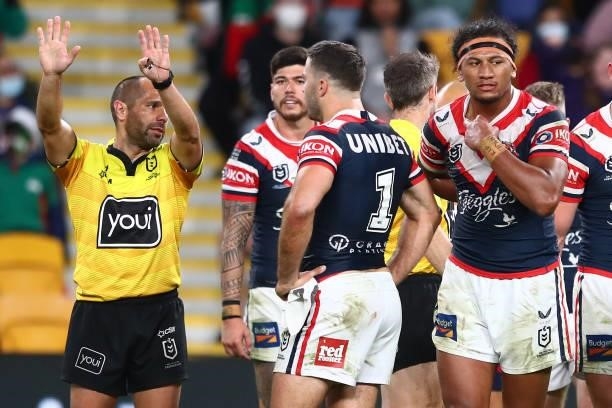 Referee Ashley Klein sends Sitili Tupouniua of the Roosters to the sin-binduring the round 24 NRL match between the Sydney Roosters and the South...
