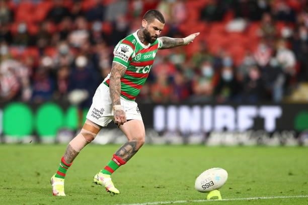 Adam Reynolds of the Rabbitohs kicks a conversion during the round 24 NRL match between the Sydney Roosters and the South Sydney Rabbitohs at Suncorp...