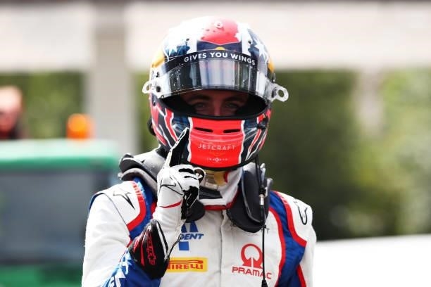 Pole position qualifier Jack Doohan of Australia and Trident celebrates in parc ferme during qualifying ahead of Round 5:Spa-Francorchamps of the...