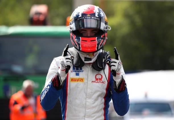 Pole position qualifier Jack Doohan of Australia and Trident celebrates in parc ferme during qualifying ahead of Round 5:Spa-Francorchamps of the...