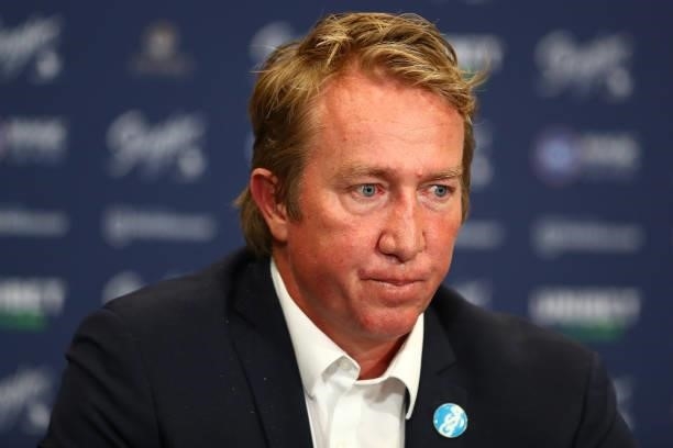 Roosters Head Coach Trent Robinson speaks to media during the round 24 NRL match between the Sydney Roosters and the South Sydney Rabbitohs at...