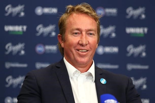 Roosters Head Coach Trent Robinson speaks to media during the round 24 NRL match between the Sydney Roosters and the South Sydney Rabbitohs at...