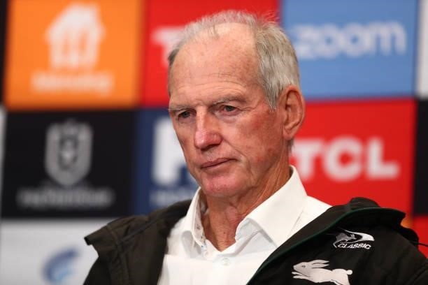 Rabbitohs Head Coach Wayne Bennett speaks to media during the round 24 NRL match between the Sydney Roosters and the South Sydney Rabbitohs at...