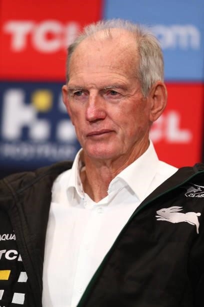 Rabbitohs Head Coach Wayne Bennett speaks to media during the round 24 NRL match between the Sydney Roosters and the South Sydney Rabbitohs at...