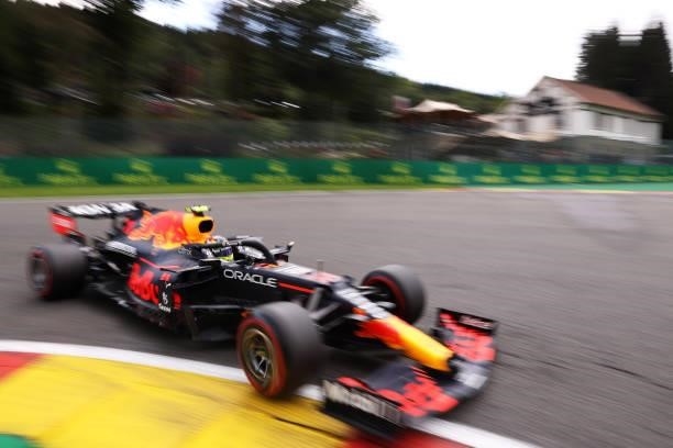 Sergio Perez of Mexico driving the Red Bull Racing RB16B Honda during practice ahead of the F1 Grand Prix of Belgium at Circuit de Spa-Francorchamps...