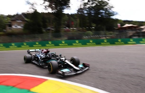 Lewis Hamilton of Great Britain driving the Mercedes AMG Petronas F1 Team Mercedes W12 during practice ahead of the F1 Grand Prix of Belgium at...