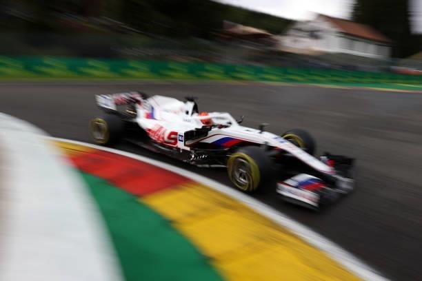 Nikita Mazepin of Russia driving the Haas F1 Team VF-21 Ferrari during practice ahead of the F1 Grand Prix of Belgium at Circuit de Spa-Francorchamps...