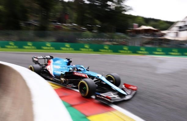 Fernando Alonso of Spain driving the Alpine A521 Renault during practice ahead of the F1 Grand Prix of Belgium at Circuit de Spa-Francorchamps on...