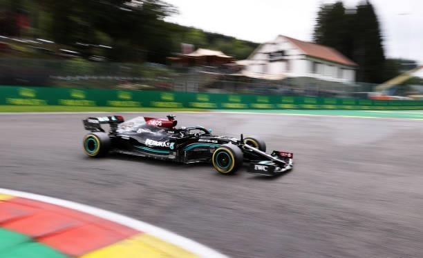 Lewis Hamilton of Great Britain driving the Mercedes AMG Petronas F1 Team Mercedes W12 during practice ahead of the F1 Grand Prix of Belgium at...
