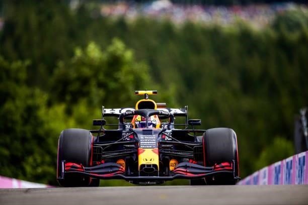 Sergio Perez of Mexico and Red Bull Racing during practice ahead of the F1 Grand Prix of Belgium at Circuit de Spa-Francorchamps on August 27, 2021...