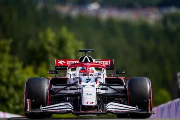 Kimi Raikkonen of Alfa Romeo and Finland during practice ahead of the F1 Grand Prix of Belgium at Circuit de Spa-Francorchamps on August 27, 2021 in...