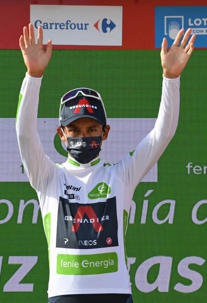Egan Arley Bernal Gomez of Colombia and Team INEOS Grenadiers celebrates winning the white best young jersey on the podium ceremony after the 76th...