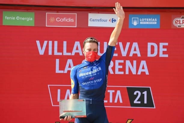 Florian Senechal of France and Team Deceuninck - Quick-Step celebrates winning the stage on the podium ceremony after the 76th Tour of Spain 2021,...