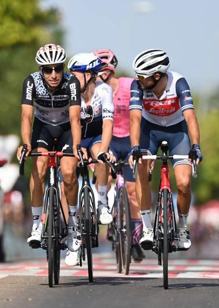 Fabio Aru of Italy and Team Qhubeka Nexthash and Antonio Nibali of Italy and Team Trek - Segafredo cross the finishing line during the 76th Tour of...