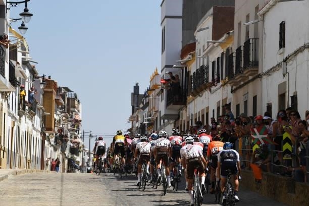 General view of the peloton passing through Monterrubio de la Serena village landscape during the 76th Tour of Spain 2021, Stage 13 a 203,7km stage...