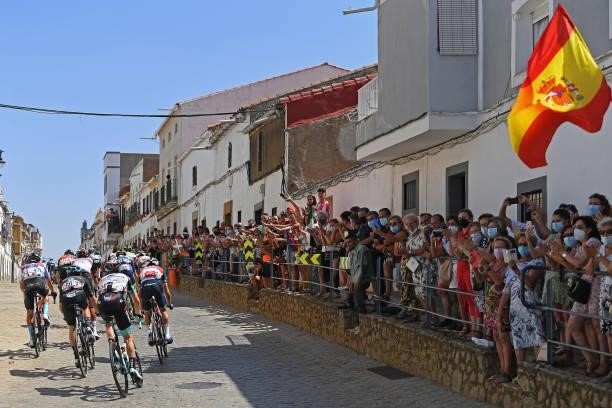 General view of Damiano Caruso of Italy and Team Bahrain Victorious polka dot mountain jersey, Chris Hamilton of Australia and Team DSM, Nicholas...