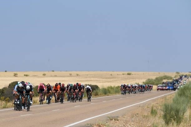 General view of the peloton compete while echelons are created due crosswind during the 76th Tour of Spain 2021, Stage 13 a 203,7km stage from Belmez...
