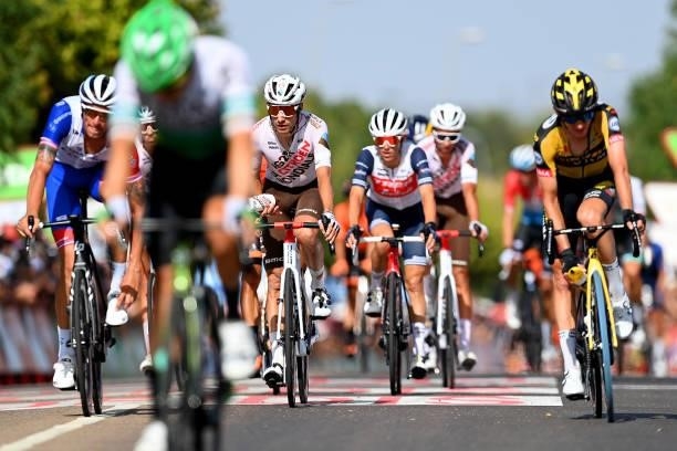 Geoffrey Bouchard of France and AG2R Citröen Team crosses the finishing line during the 76th Tour of Spain 2021, Stage 13 a 203,7km stage from Belmez...