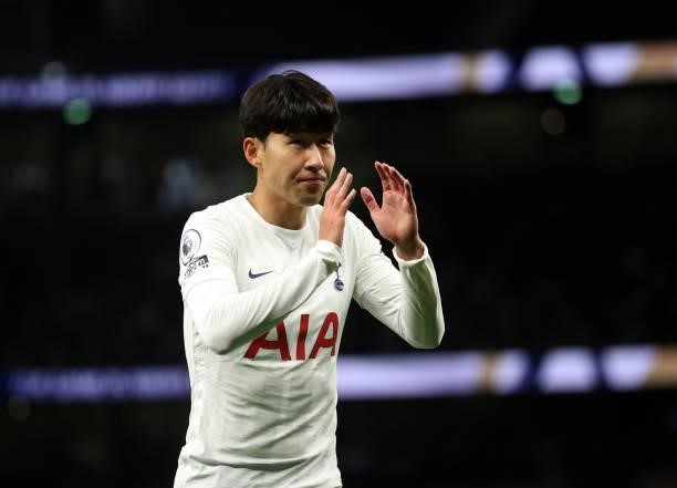Son Heung-min of Tottenham Hotspur appplauds during the UEFA Conference League Play-Offs Leg Two match between Tottenham Hotspur and Pacos de...
