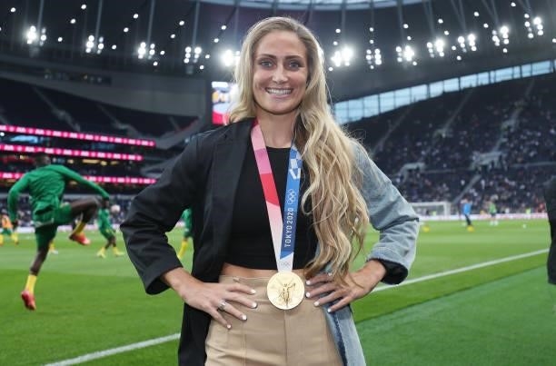 Shelina Zadorsky of Tottenham Hotspur Women with Olympic gold medal during the UEFA Conference League Play-Offs Leg Two match between Tottenham...