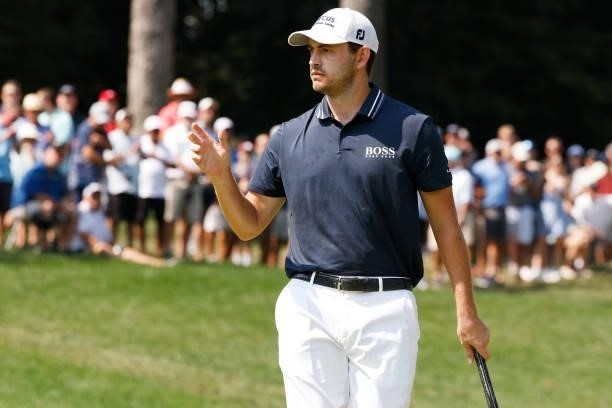 Patrick Cantlay of the United States reacts on the first green during the second round of the BMW Championship at Caves Valley Golf Club on August...