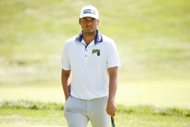Sebastian Munoz of Colombia looks on over the ninth green during the second round of the BMW Championship at Caves Valley Golf Club on August 27,...