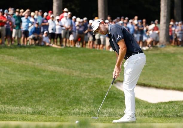 Patrick Cantlay of the United States putts on the first green during the second round of the BMW Championship at Caves Valley Golf Club on August 27,...