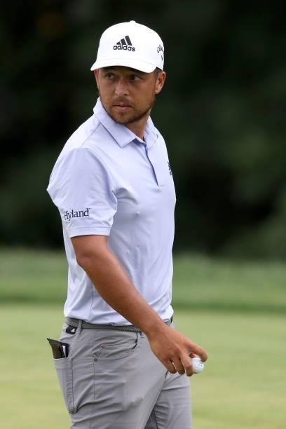 Xander Schauffele of the United States looks on from the seventh green during the second round of the BMW Championship at Caves Valley Golf Club on...