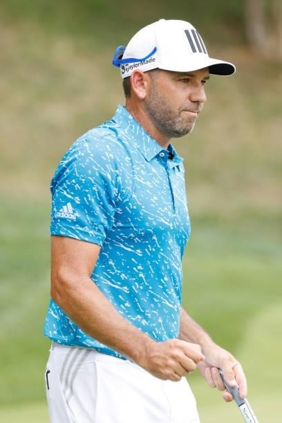 Sergio Garcia of Spain reacts on the eighth green during the second round of the BMW Championship at Caves Valley Golf Club on August 27, 2021 in...