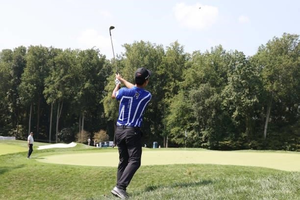 Kevin Na of the United States plays a shot during the second round of the BMW Championship at Caves Valley Golf Club on August 27, 2021 in Owings...