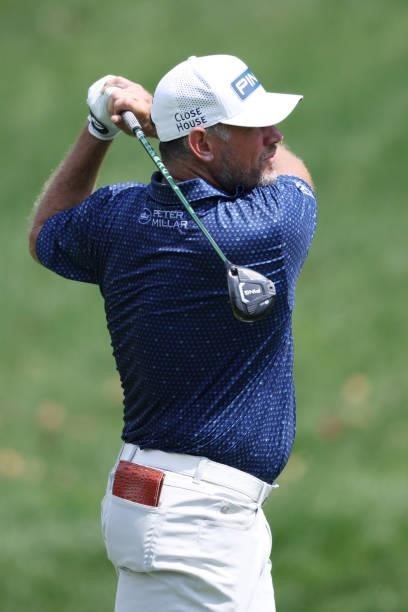 Lee Westwood of England plays a shot during the second round of the BMW Championship at Caves Valley Golf Club on August 27, 2021 in Owings Mills,...