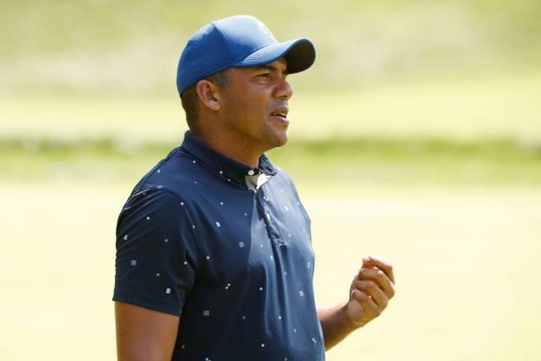 Jhonattan Vegas of Venezuela reacts on the ninth green during the second round of the BMW Championship at Caves Valley Golf Club on August 27, 2021...