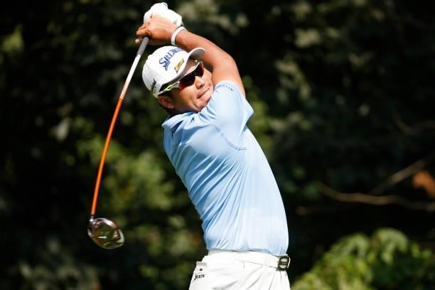 Hideki Matsuyama of Japan plays his shot from the second tee during the second round of the BMW Championship at Caves Valley Golf Club on August 27,...