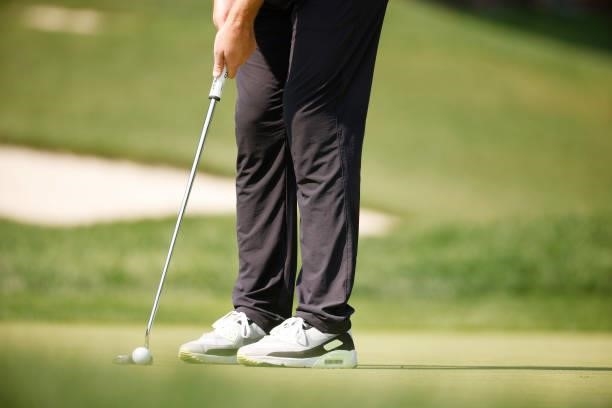 Detail of the shoes of Jason Kokrak of the United States during the second round of the BMW Championship at Caves Valley Golf Club on August 27, 2021...
