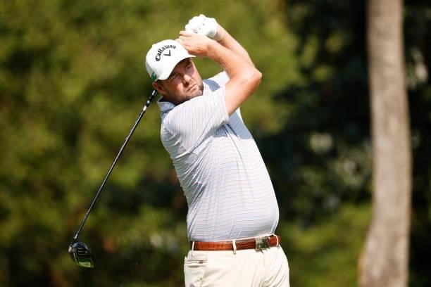 Marc Leishman of Australia plays his shot from the second tee during the second round of the BMW Championship at Caves Valley Golf Club on August 27,...