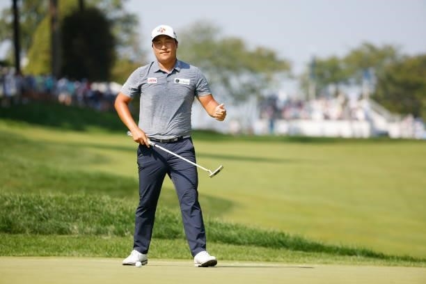 Kyoung-Hoon Lee of South Korea lines up a putt on the first green during the second round of the BMW Championship at Caves Valley Golf Club on August...