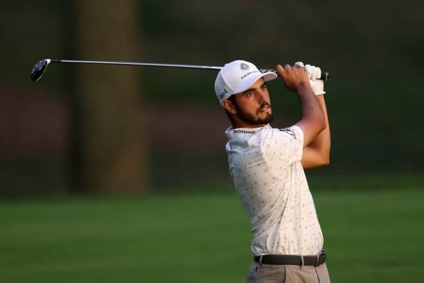 Abraham Ancer of Mexico plays a shot on the 16th hole during the second round of the BMW Championship at Caves Valley Golf Club on August 27, 2021 in...