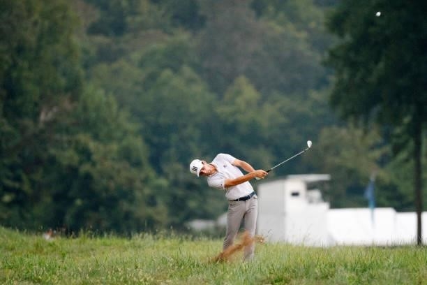 Joaquin Niemann of Chile plays a shot on the 16th hole during the second round of the BMW Championship at Caves Valley Golf Club on August 27, 2021...
