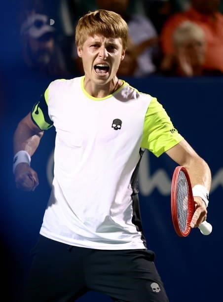 Ilya Ivashka of Belarus reacts after his win against Emil Ruusuvuori of Finland the semifinals of the Winston-Salem Open at Wake Forest Tennis...