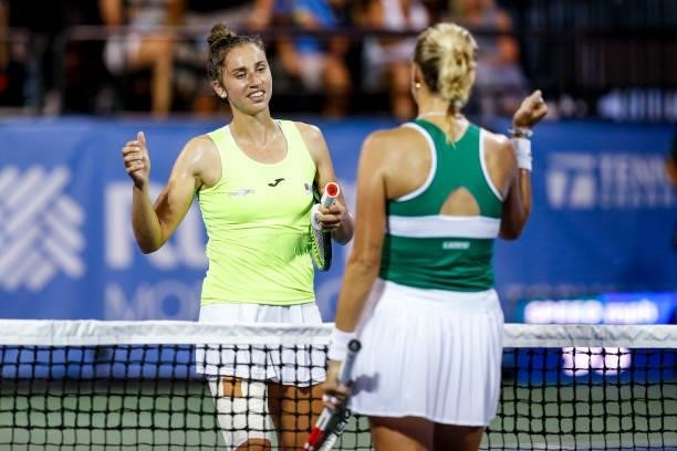 Sara Sorribes Tormo of Spain shakes hands with Anett Kontaveit of Estonia after their semifinal match on day 6 of the Cleveland Championships at...
