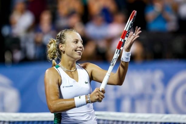 Anett Kontaveit of Estonia waves to fans after winning her semifinal match in the second set against Sara Sorribes Tormo of Spain on day 6 of the...