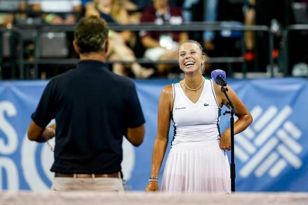 Anett Kontaveit of Estonia is interviewed after winning her semifinal match in the second set against Sara Sorribes Tormo of Spain on day 6 of the...