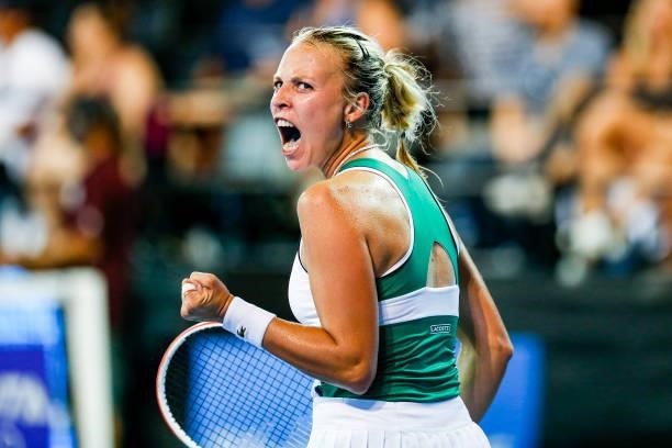Anett Kontaveit of Estonia celebrates winning her semifinal match in the second set against Sara Sorribes Tormo of Spain on day 6 of the Cleveland...