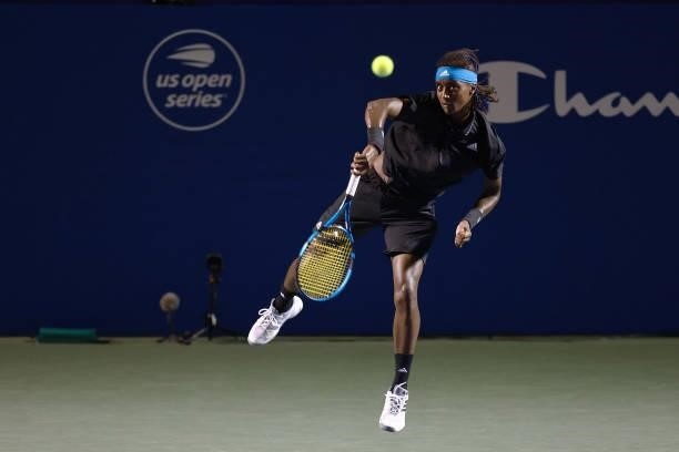 Mikael Ymer of Sweden serves to Carlos Alcaraz of Spain during the semifinals of the Winston-Salem Open at Wake Forest Tennis Complex on August 27,...