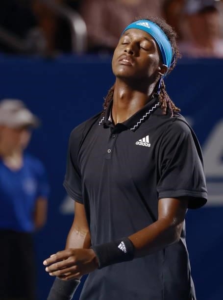 Mikael Ymer of Sweden reacts after losing a point to Carlos Alcaraz of Spain during the semifinals of the Winston-Salem Open at Wake Forest Tennis...