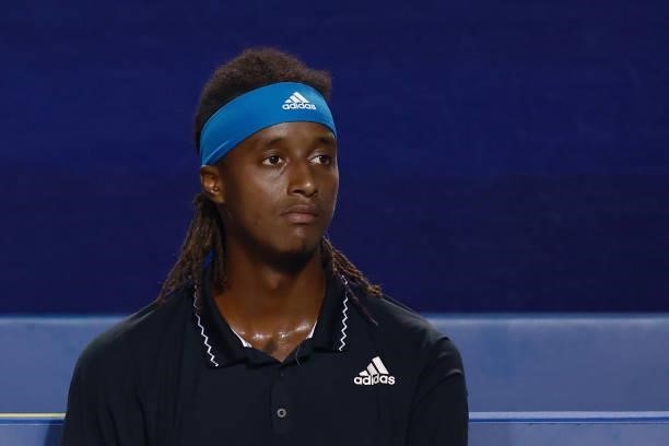 Mikael Ymer of Sweden looks on during his match against Carlos Alcaraz of Spain during the semifinals of the Winston-Salem Open at Wake Forest Tennis...