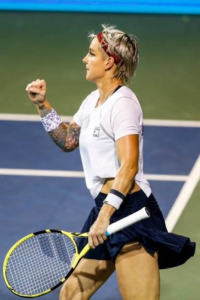 Bethanie Mattek-Sands of the United States celebrates during the first set of her semifinal doubles match against Ena Shibahara of Japan and Shuko...