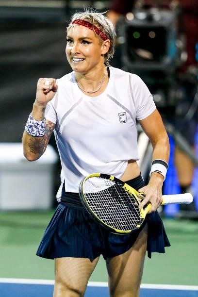 Bethanie Mattek-Sands of the United States celebrates during the tie break of her semifinal doubles match against Ena Shibahara of Japan and Shuko...