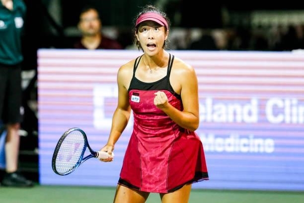 Ena Shibahara of Japan celebrates during the tie break of her semifinal doubles match against Bethanie Mattek-Sands of the United States and Shelby...